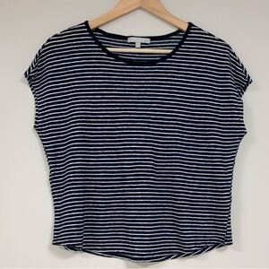 JOAN VASS Linen Shirt Women’s Small Short Sleeve Top Black White Stripe Relaxed